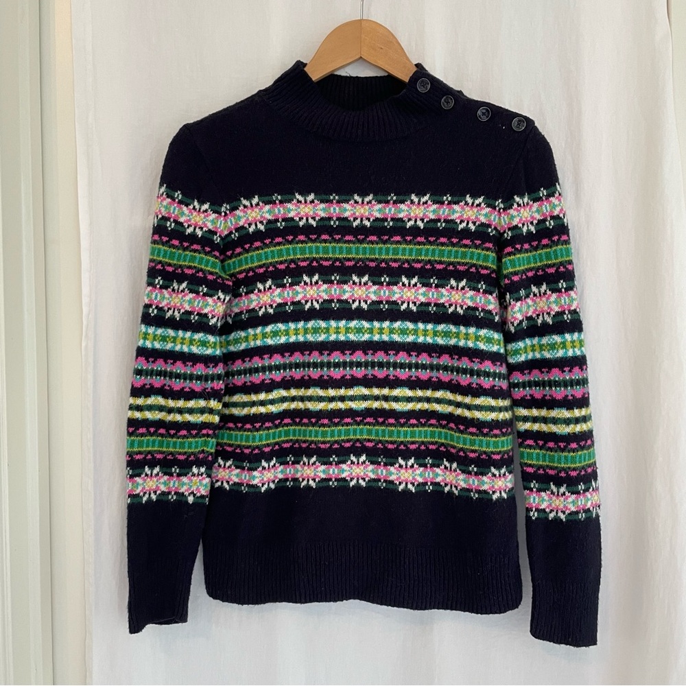 Talbots Navy Blue Sweater with Multicolor Fair Isle Stripes